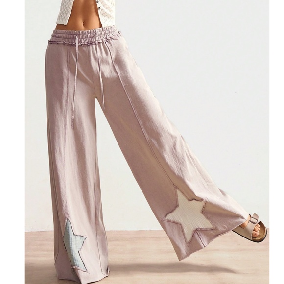 Boho Cotton Star Patch Stretchy Waist Wide leg Lounge Pants - Picture 6 of 7